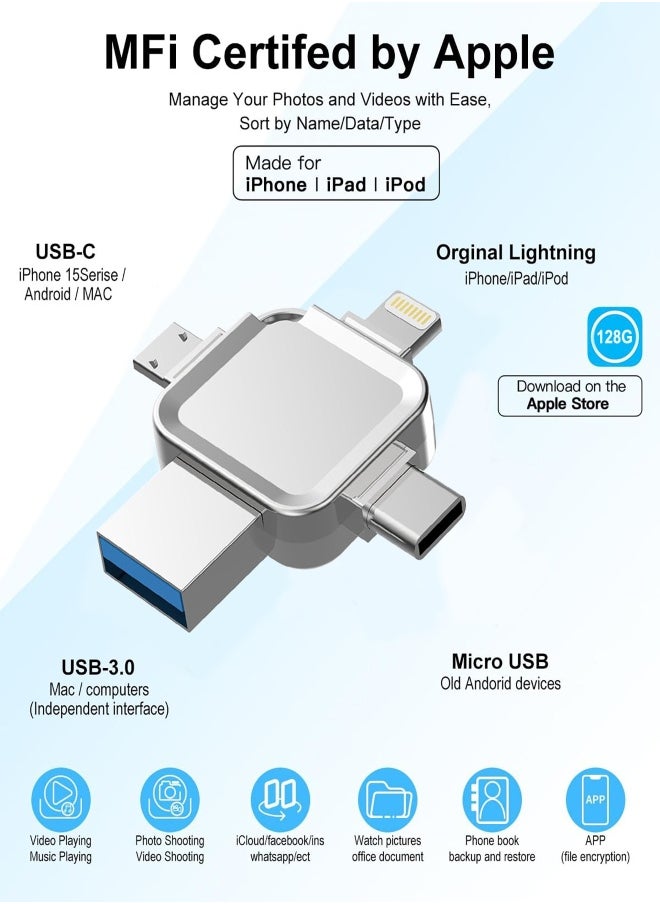 haleemy - USB Flash Drive 4 in 1 Flash Drive for iPhone 128GB USB Memory Type-c External Storage, Compatible with iPhone/ipad/iPod/Computer/iOS and Android/pc, Silver - Image 1
