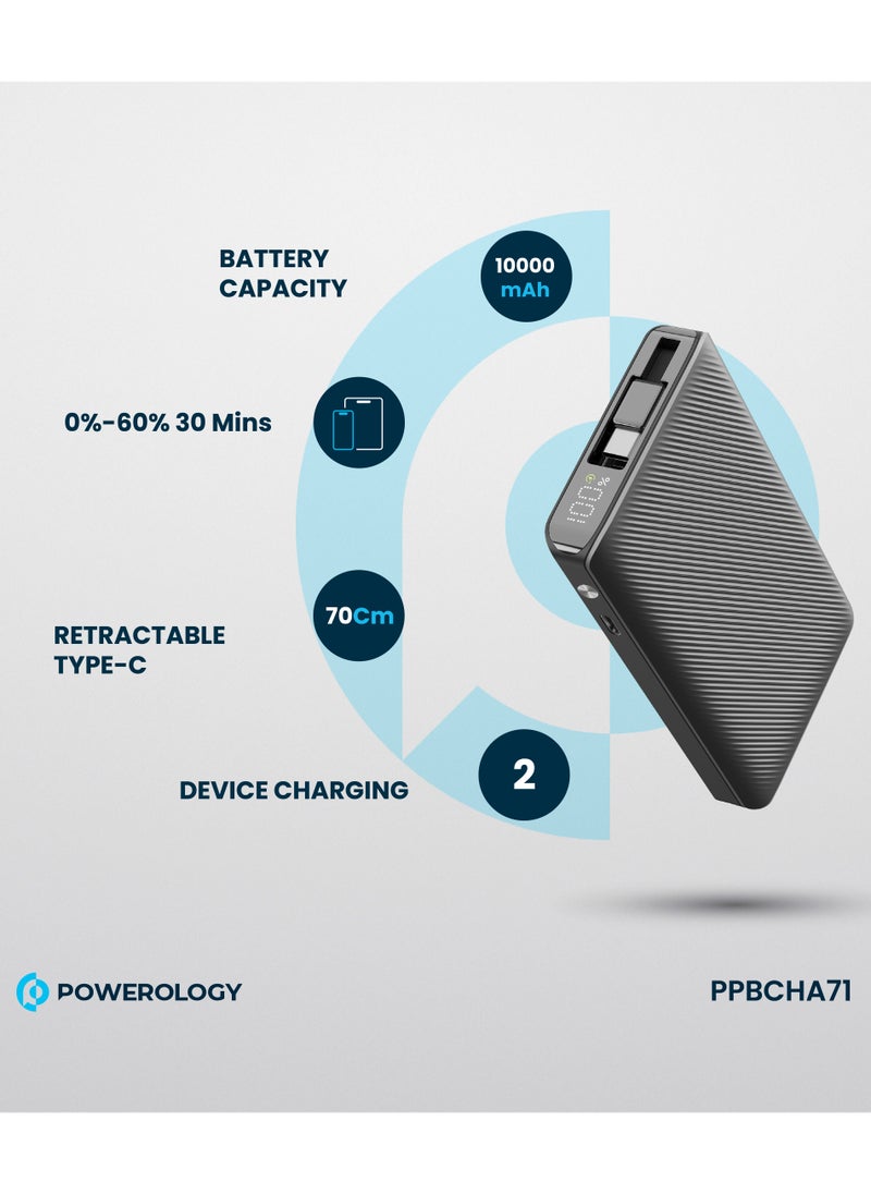 Powerology - 10000mAh Power Bank PD22W with 70cm Retractable Cable / Simultaneous Charging / Fast Charging / LED Display / USB-C Output & Input - Black - Image 1