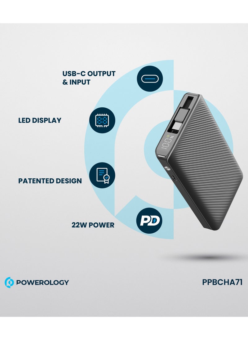 Powerology - 10000mAh Power Bank PD22W with 70cm Retractable Cable / Simultaneous Charging / Fast Charging / LED Display / USB-C Output & Input - Black - Image 1