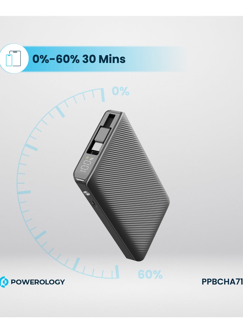 Powerology - 10000mAh Power Bank PD22W with 70cm Retractable Cable / Simultaneous Charging / Fast Charging / LED Display / USB-C Output & Input - Black - Image 1