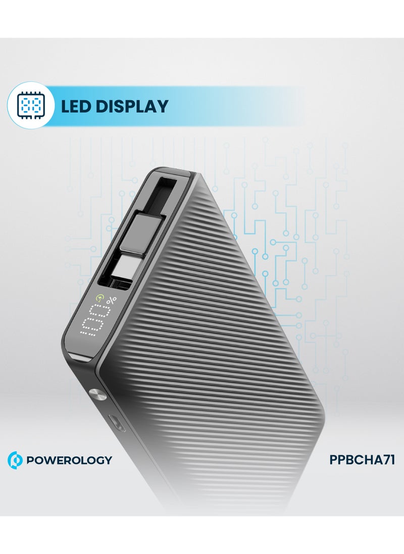 Powerology - 10000mAh Power Bank PD22W with 70cm Retractable Cable / Simultaneous Charging / Fast Charging / LED Display / USB-C Output & Input - Black - Image 1