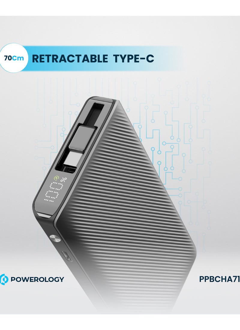Powerology - 10000mAh Power Bank PD22W with 70cm Retractable Cable / Simultaneous Charging / Fast Charging / LED Display / USB-C Output & Input - Black - Image 1
