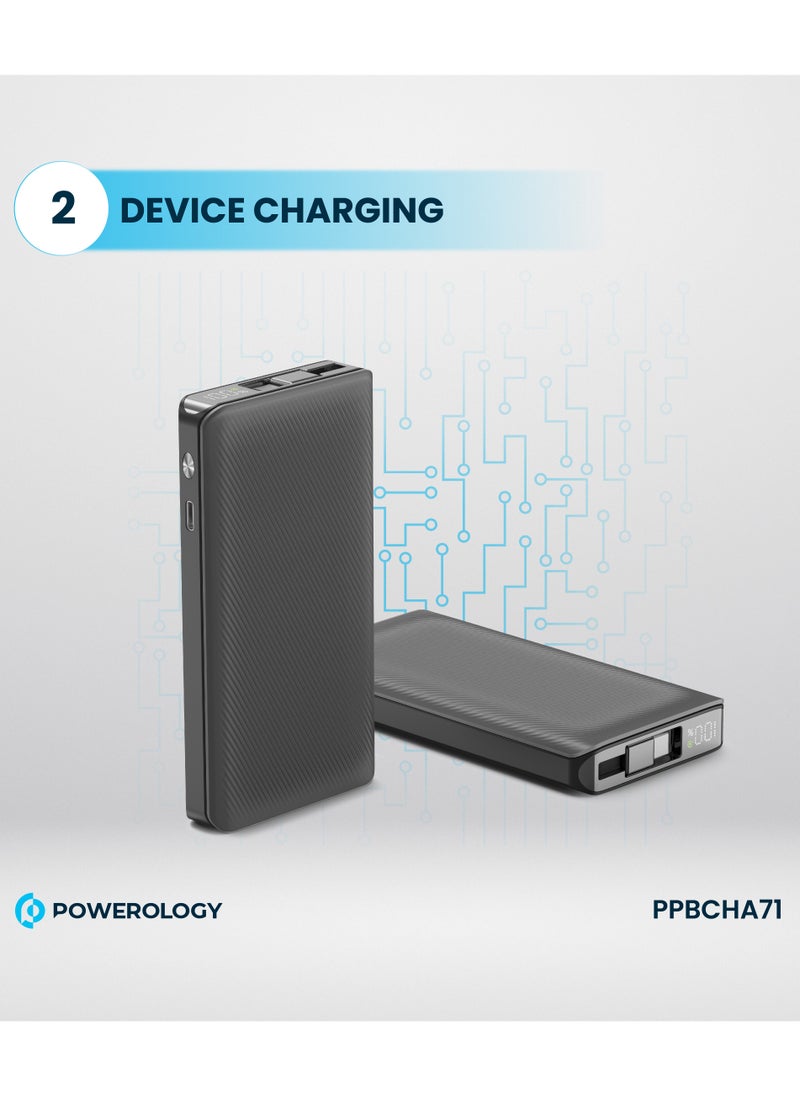 Powerology - 10000mAh Power Bank PD22W with 70cm Retractable Cable / Simultaneous Charging / Fast Charging / LED Display / USB-C Output & Input - Black - Image 1