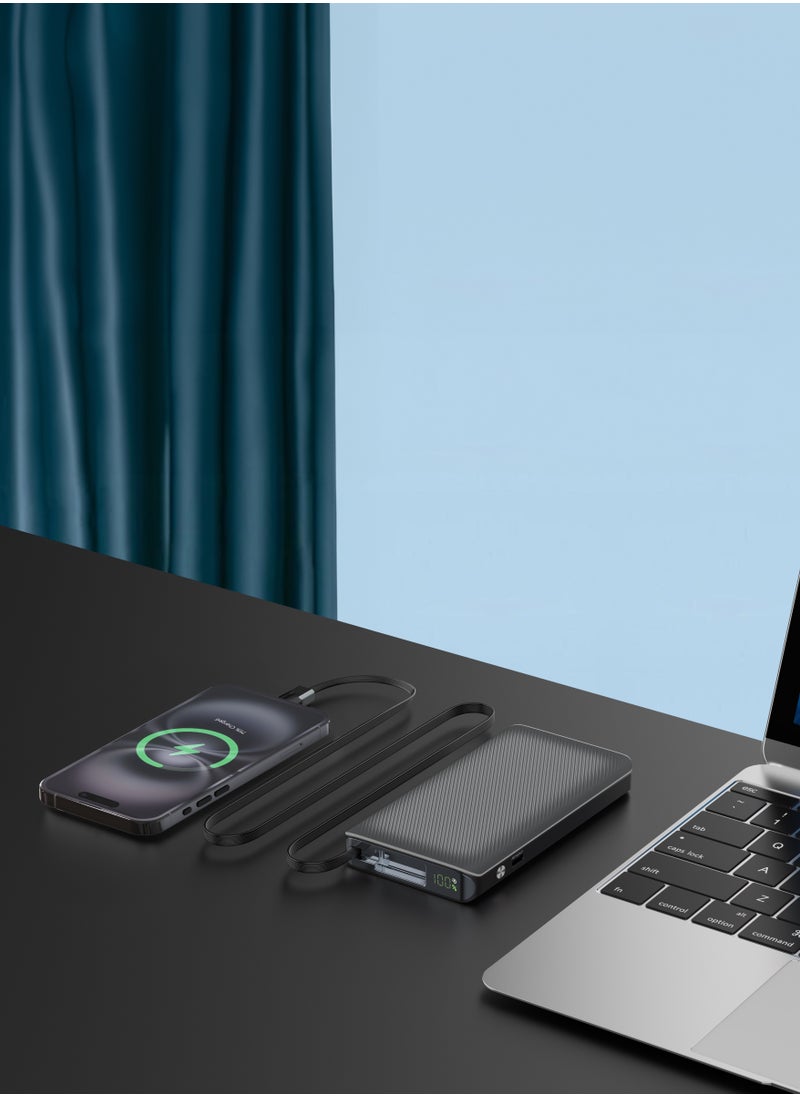 Powerology - 10000mAh Power Bank PD22W with 70cm Retractable Cable / Simultaneous Charging / Fast Charging / LED Display / USB-C Output & Input - Black - Image 1