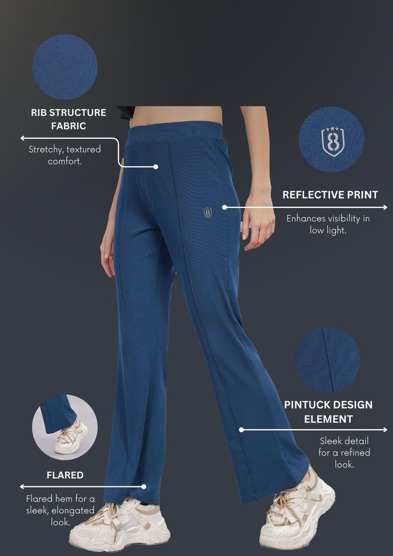 DOMIN8 Women's Super Stretchable Rib Pintuck Flare Pant | Trendy Bottom for Women | Comfy All Day wear Blue - Image 3