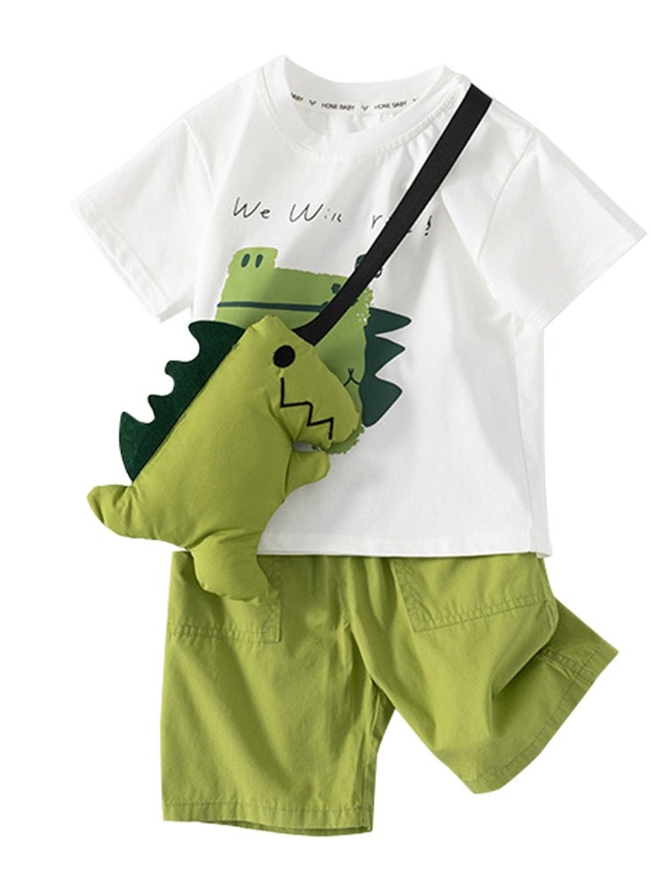 Al Aoyama green Toddler Boy Shorts Set kids Summer Short Sleeve Sets Suit with Dinosaur bag  - Image 1