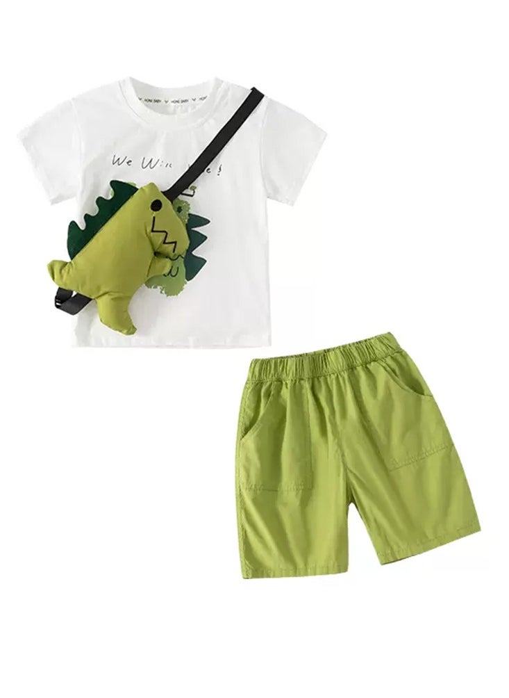 Al Aoyama green Toddler Boy Shorts Set kids Summer Short Sleeve Sets Suit with Dinosaur bag  - Image 3
