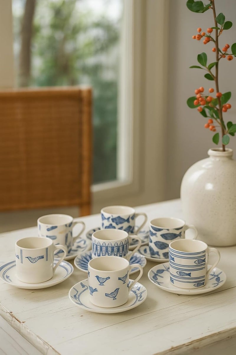 B&D 12-Piece Cup and Saucer Set with Fish Patterns - Image 1