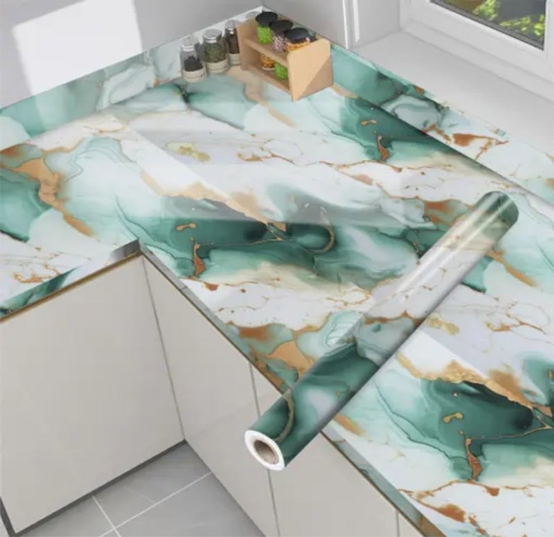 D-Fix ورق جدران رخام قابل للإزالة واللصق لتزيين المنزل، ملصقات جدارية ذاتية اللصق مقاومة للماء للمطبخ، الحمام، غرفة المعيشة – ورق جدران (60X200 سم (أخضر ذهبي) - Image 1