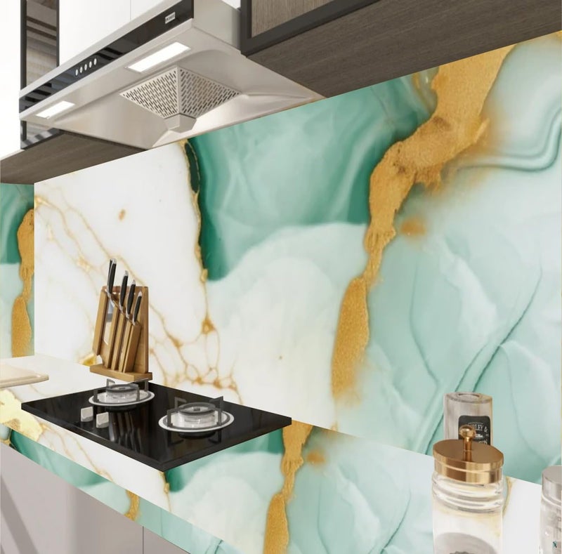 D-Fix ورق جدران رخام قابل للإزالة واللصق لتزيين المنزل، ملصقات جدارية ذاتية اللصق مقاومة للماء للمطبخ، الحمام، غرفة المعيشة – ورق جدران (60X200 سم (أخضر ذهبي) - Image 4