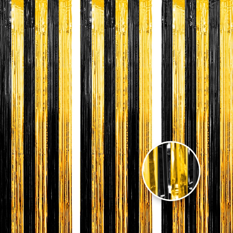 OWill 3pcs 3ft X 83ft Black Gold Metallic Tinsel Curtains Aluminum Foil Flow Silk Curtain Background Streamer Birthday Party Wedding Holiday Backdrop Decoration