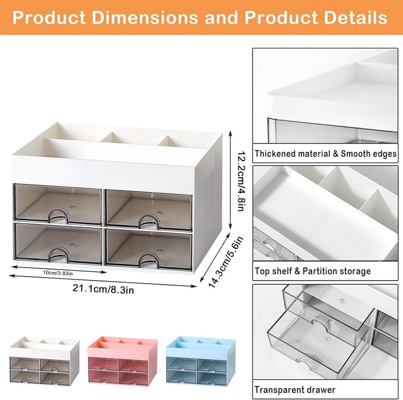 Zeinwap Plastic Multi-Functional Desk Organizer With 4 Compartments & 4 Drawer Desktop Office Supplies Stationery Storage Box Cosmetic Organizer For Pens Staplers Clips Sticky Notes - White - Image 3