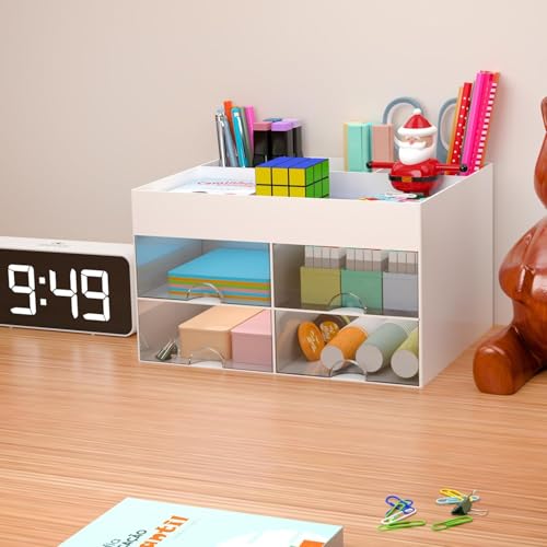 Zeinwap Plastic Multi-Functional Desk Organizer With 4 Compartments & 4 Drawer Desktop Office Supplies Stationery Storage Box Cosmetic Organizer For Pens Staplers Clips Sticky Notes - White - Image 2