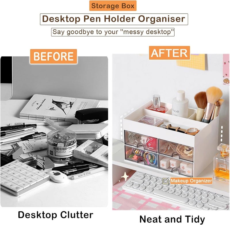 Zeinwap Plastic Multi-Functional Desk Organizer With 4 Compartments & 4 Drawer Desktop Office Supplies Stationery Storage Box Cosmetic Organizer For Pens Staplers Clips Sticky Notes - White - Image 5