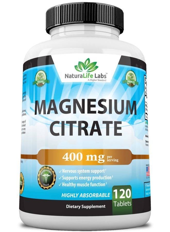 NaturaLife Labs Magnesium Citrate 400 mg - High Potency Elemental Magnesium Essential Mineral for Heart, Muscle, & Digestion Support – Non-GMO - 120 Tablets - Image 1