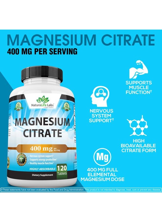 NaturaLife Labs Magnesium Citrate 400 mg - High Potency Elemental Magnesium Essential Mineral for Heart, Muscle, & Digestion Support – Non-GMO - 120 Tablets - Image 4
