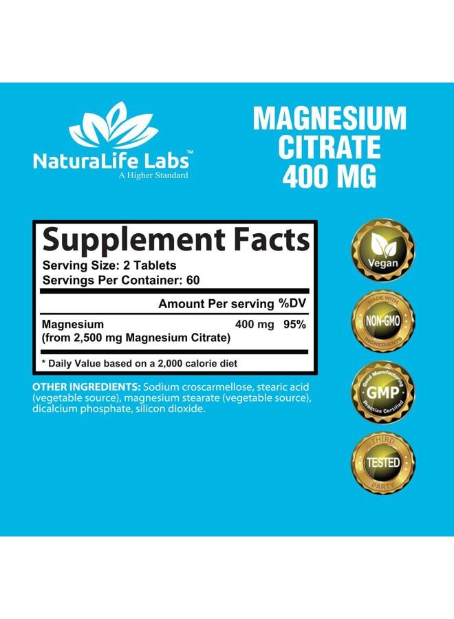 NaturaLife Labs Magnesium Citrate 400 mg - High Potency Elemental Magnesium Essential Mineral for Heart, Muscle, & Digestion Support – Non-GMO - 120 Tablets - Image 2