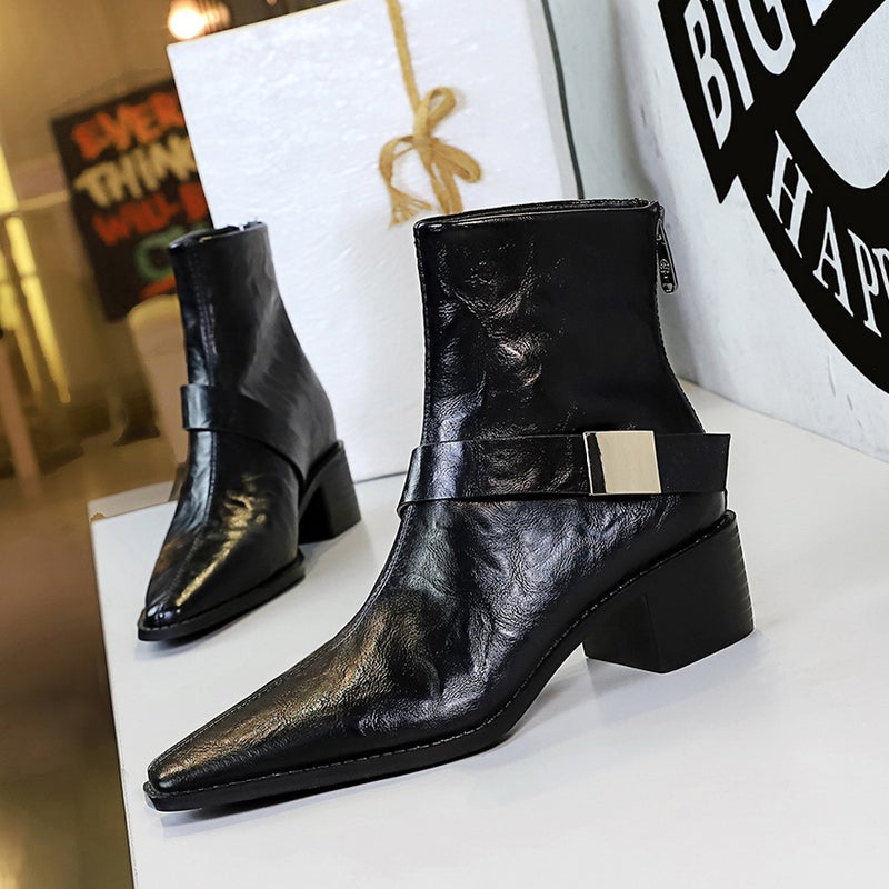 578-13 Retro Wind With Thick Heel Pointed Metal Buckle Knight Boots Short Boots Winter Fashion Short Boots - Image 4