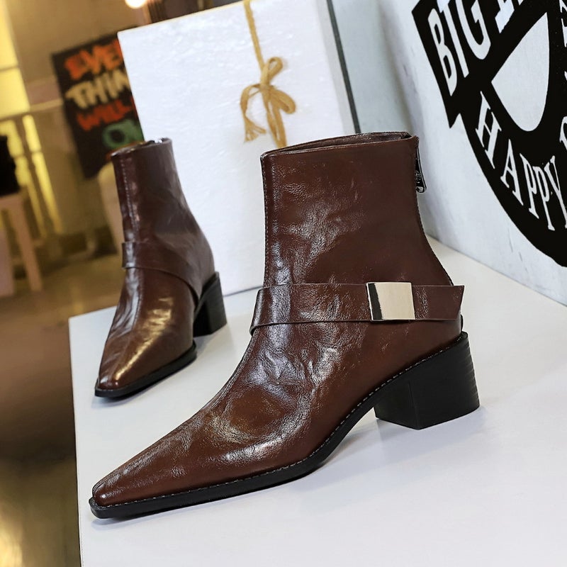 578-13 Retro Wind With Thick Heel Pointed Metal Buckle Knight Boots Short Boots Winter Fashion Short Boots - Image 5