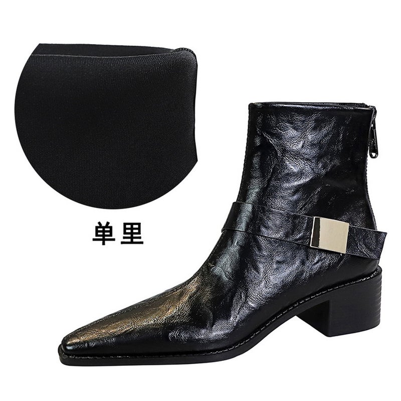 578-13 Retro Wind With Thick Heel Pointed Metal Buckle Knight Boots Short Boots Winter Fashion Short Boots - Image 1