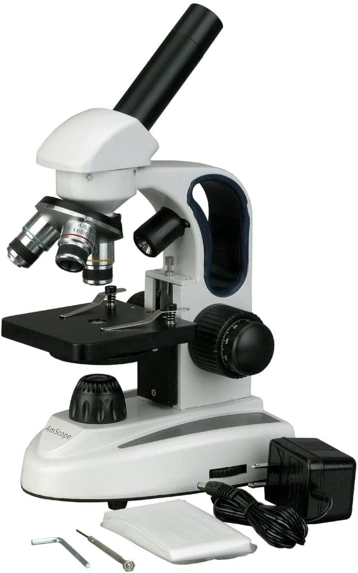 AmScope AmScope M158C2L Cordless Compound Monocular Microscope WF10x and WF25x Eyepieces 40x1000x Magnification Upper and Lower LED Illumination with Rheostat Brightfield SingleLens Condenser Coaxial Coarse and Fine Focus Plain Stage 110V or BatteryPowered  - Image 1