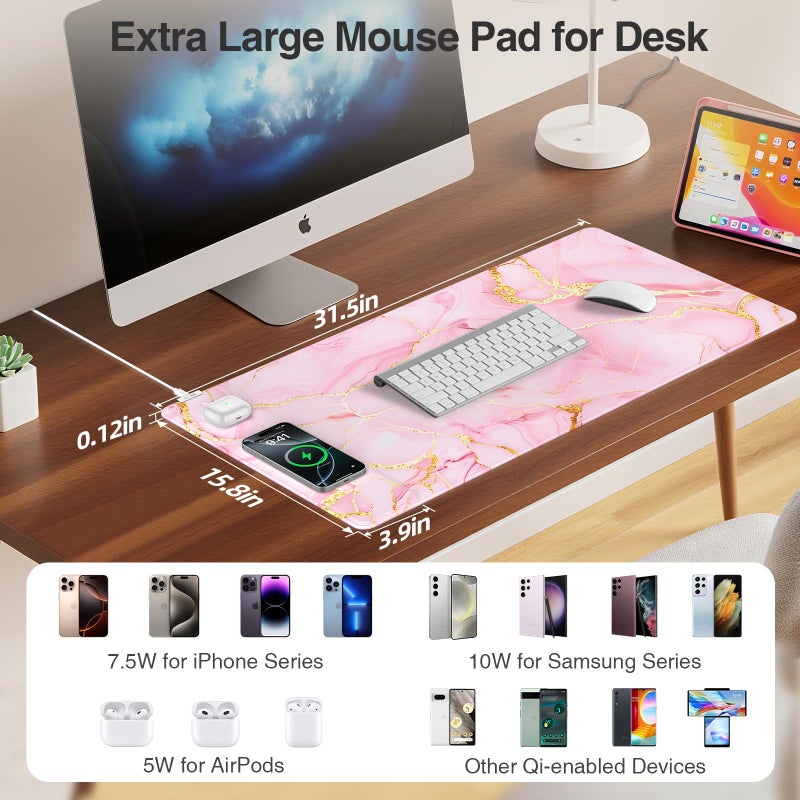 abc.mat Pink Marble Mouse Pad with 15W Wireless Charging, 31.5"x15.8" Large Gaming Desk Pad/Mat for Women Girls, Waterproof Ultra-Smooth Surface, Non-Slip Base, with 20W PD Adapter - Image 3