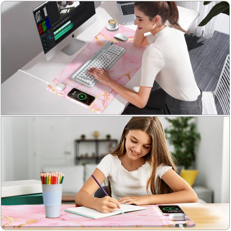 abc.mat Pink Marble Mouse Pad with 15W Wireless Charging, 31.5"x15.8" Large Gaming Desk Pad/Mat for Women Girls, Waterproof Ultra-Smooth Surface, Non-Slip Base, with 20W PD Adapter - Image 4