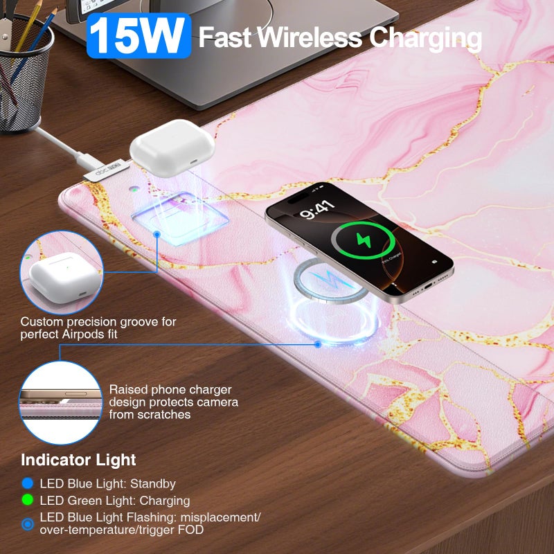 abc.mat Pink Marble Mouse Pad with 15W Wireless Charging, 31.5"x15.8" Large Gaming Desk Pad/Mat for Women Girls, Waterproof Ultra-Smooth Surface, Non-Slip Base, with 20W PD Adapter - Image 2