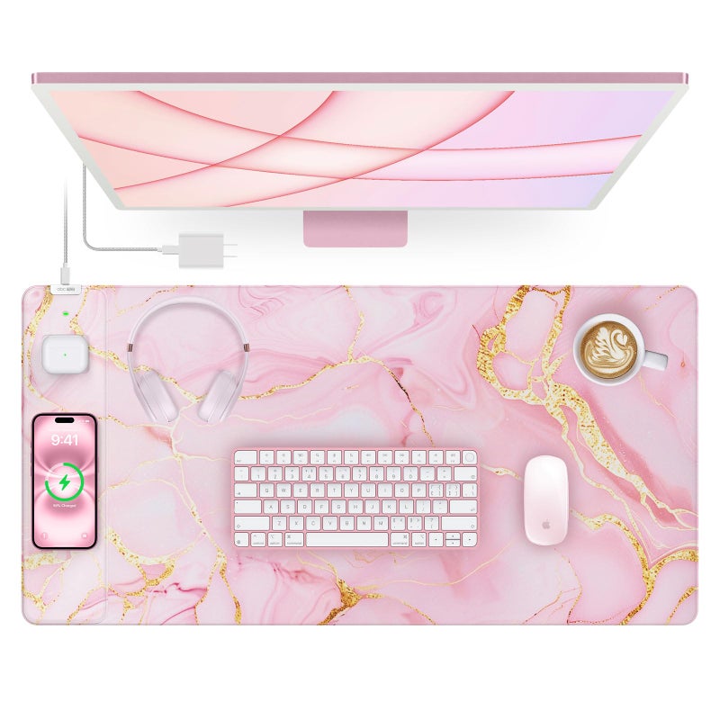abc.mat Pink Marble Mouse Pad with 15W Wireless Charging, 31.5"x15.8" Large Gaming Desk Pad/Mat for Women Girls, Waterproof Ultra-Smooth Surface, Non-Slip Base, with 20W PD Adapter - Image 1