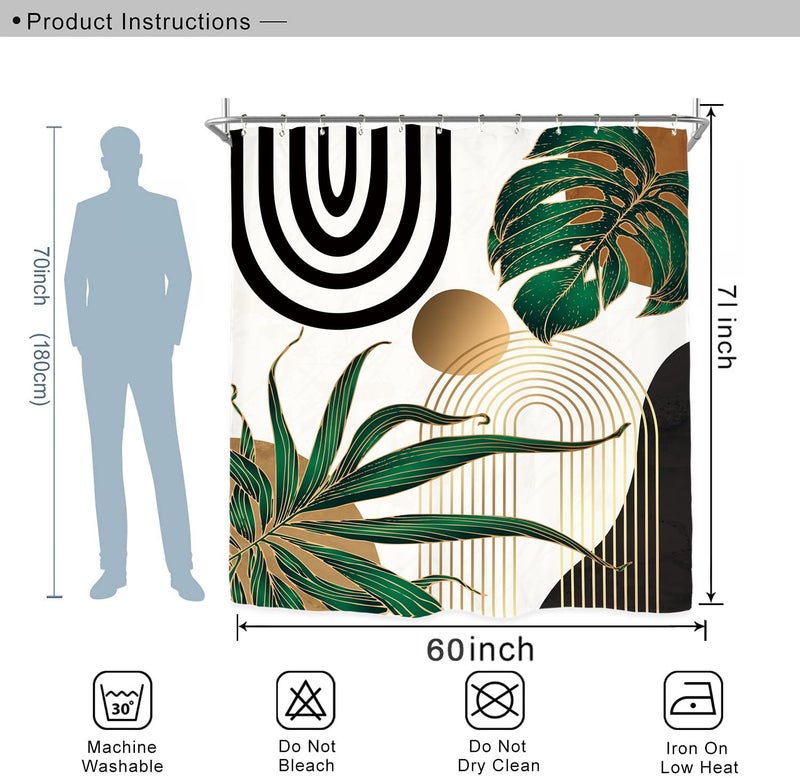 Miyotaa Emerald Green Abstract Shower Curtain Set 60Wx71H Inches Mid Century Minimalist Aesthetic Modern Contemporary Plant Tropical Polyester Waterproof Bathroom Curtain with 12 Hooks - Image 3