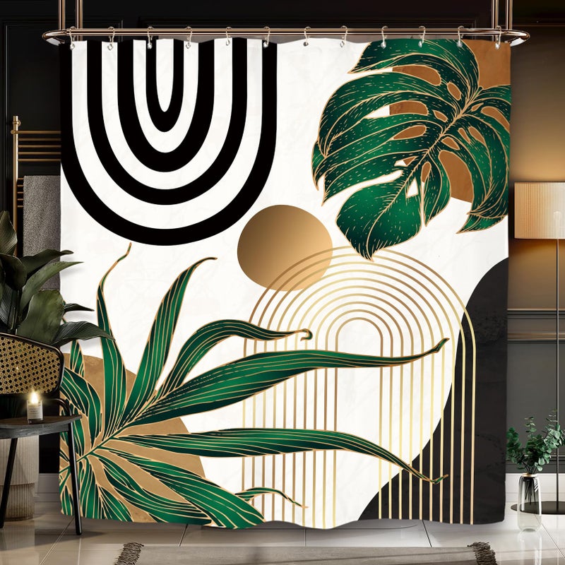 Miyotaa Emerald Green Abstract Shower Curtain Set 60Wx71H Inches Mid Century Minimalist Aesthetic Modern Contemporary Plant Tropical Polyester Waterproof Bathroom Curtain with 12 Hooks - Image 2