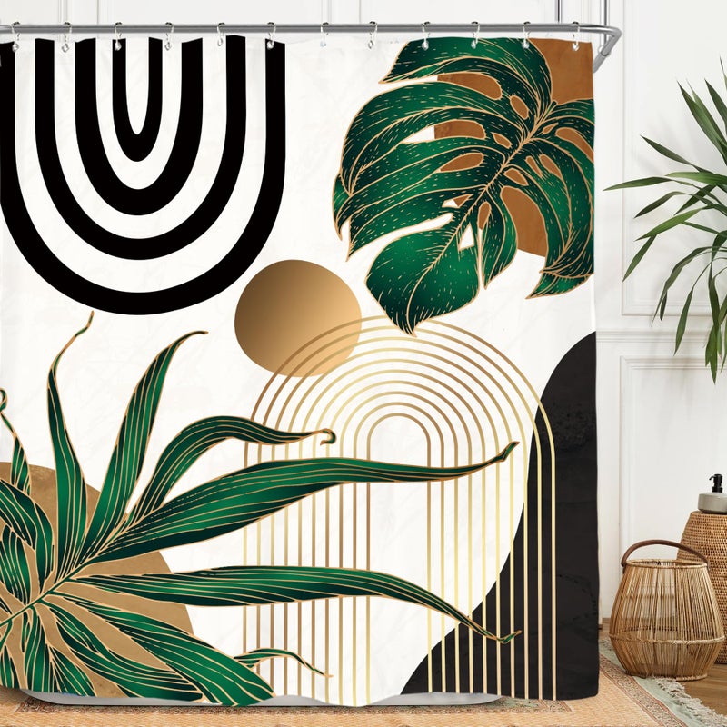 Miyotaa Emerald Green Abstract Shower Curtain Set 60Wx71H Inches Mid Century Minimalist Aesthetic Modern Contemporary Plant Tropical Polyester Waterproof Bathroom Curtain with 12 Hooks - Image 1