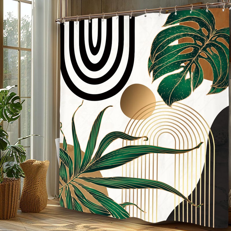 Miyotaa Emerald Green Abstract Shower Curtain Set 60Wx71H Inches Mid Century Minimalist Aesthetic Modern Contemporary Plant Tropical Polyester Waterproof Bathroom Curtain with 12 Hooks - Image 4