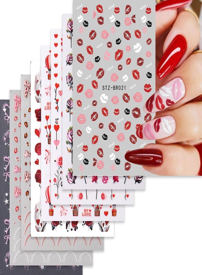 8 Sheets Nail Art Stickers Decals Self-Adhesive Rose Heart Nail Stickers Romantic Red Lips Flower Nail Art Decals Heart Bow Nail Art Design Decoration Accessories - Image 1