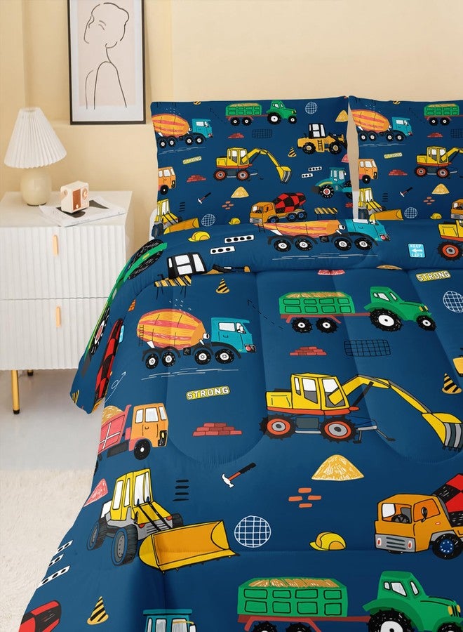 QOOMO Construction Kids Comforter Set for Boys Girls 3 Pieces Twin Size Dark Blue Cartoon Truck Cars Bedding Set Room Decor Equipment Excavator Tractor Quilt with 1 Comforter and 2 Pillowcases - Image 3