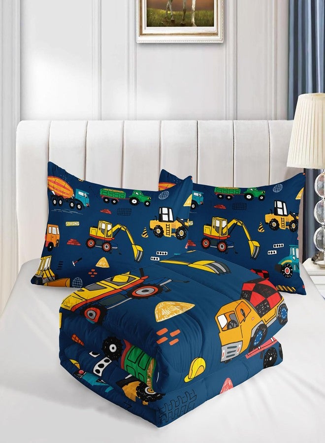 QOOMO Construction Kids Comforter Set for Boys Girls 3 Pieces Twin Size Dark Blue Cartoon Truck Cars Bedding Set Room Decor Equipment Excavator Tractor Quilt with 1 Comforter and 2 Pillowcases - Image 4