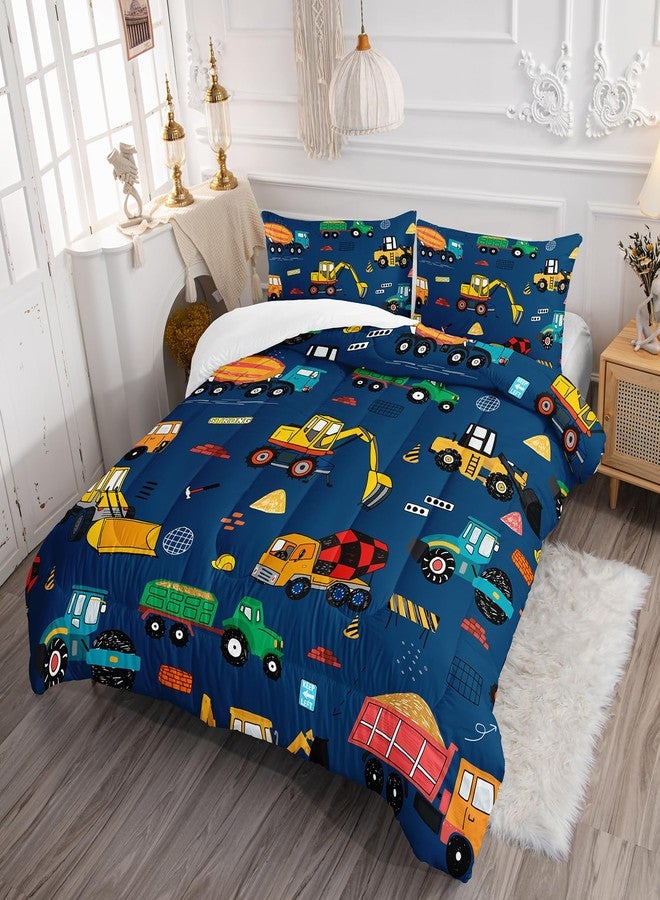 QOOMO Construction Kids Comforter Set for Boys Girls 3 Pieces Twin Size Dark Blue Cartoon Truck Cars Bedding Set Room Decor Equipment Excavator Tractor Quilt with 1 Comforter and 2 Pillowcases - Image 2
