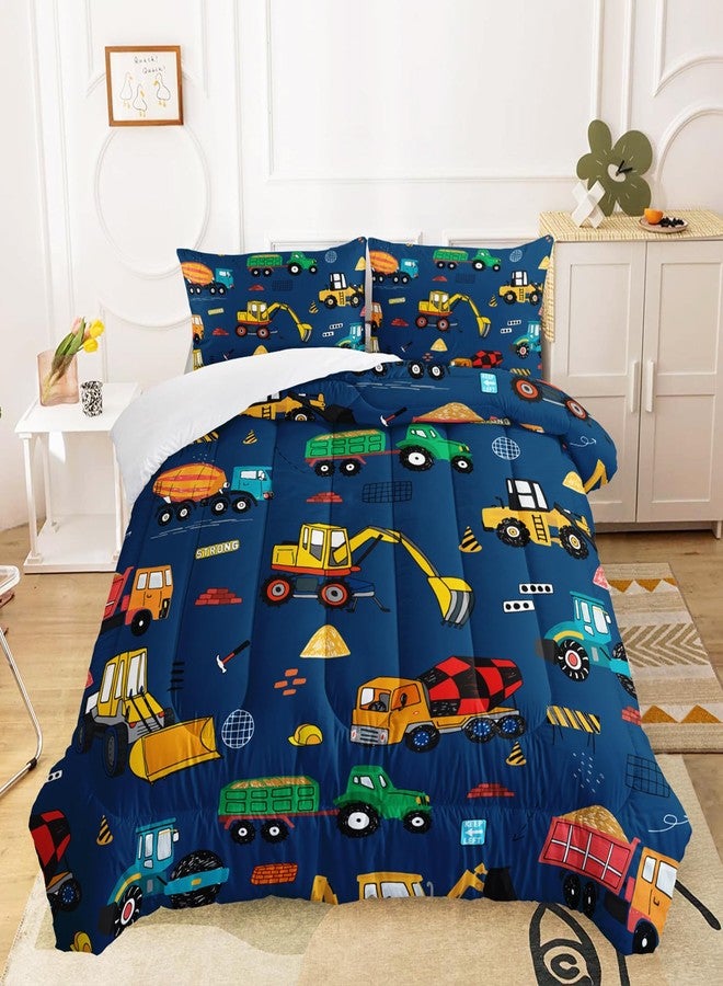QOOMO Construction Kids Comforter Set for Boys Girls 3 Pieces Twin Size Dark Blue Cartoon Truck Cars Bedding Set Room Decor Equipment Excavator Tractor Quilt with 1 Comforter and 2 Pillowcases - Image 1