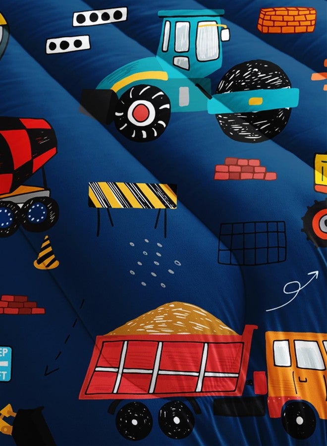QOOMO Construction Kids Comforter Set for Boys Girls 3 Pieces Twin Size Dark Blue Cartoon Truck Cars Bedding Set Room Decor Equipment Excavator Tractor Quilt with 1 Comforter and 2 Pillowcases - Image 5