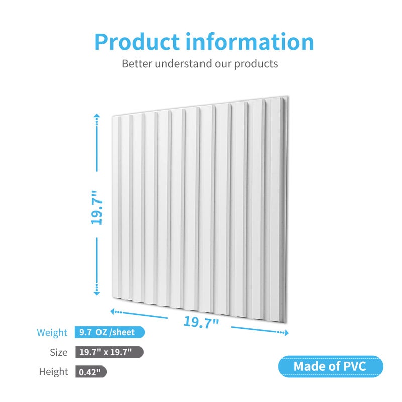 Art3d Slat Wall Panel, 3D Fluted Textured Panel 12-Tile 19.7 x 19.7in. - White - Image 3