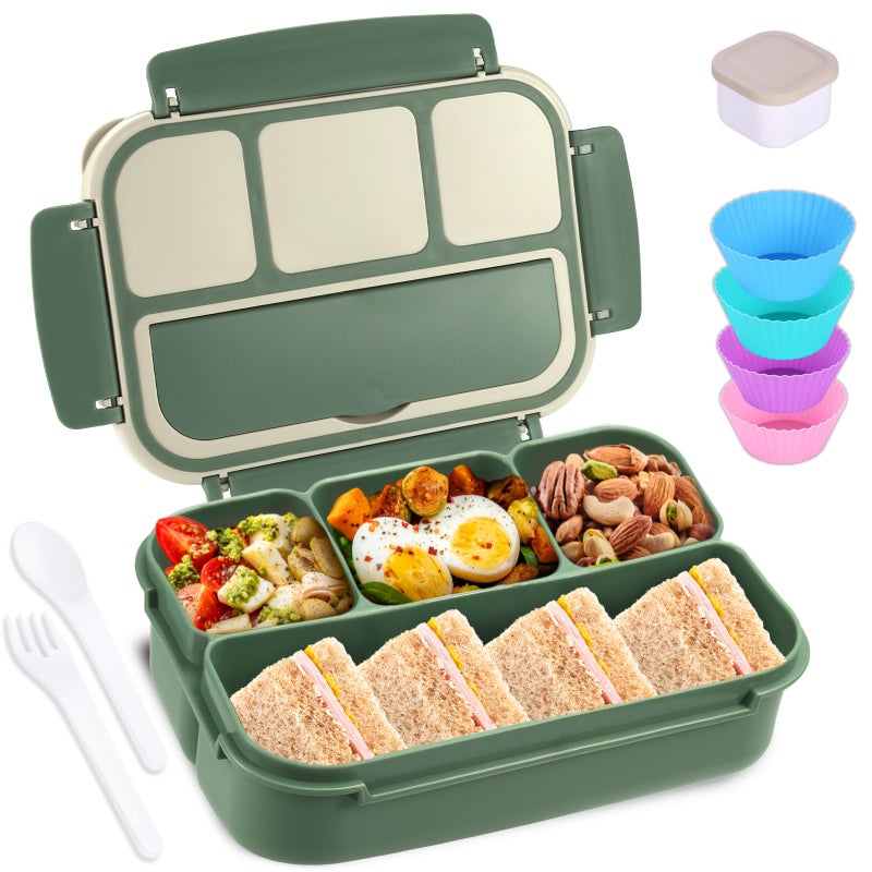 shell and turtle Bento Box Adult Lunch Box, Lunch Containers for Kids Girls Boys with 4 Compartments, Lunchable Food Container with Utensils, Sauce Jar, Muffin Liners, 40 Oz/5 Cup, Microwave & Dishwasher Safe, Green - Image 1