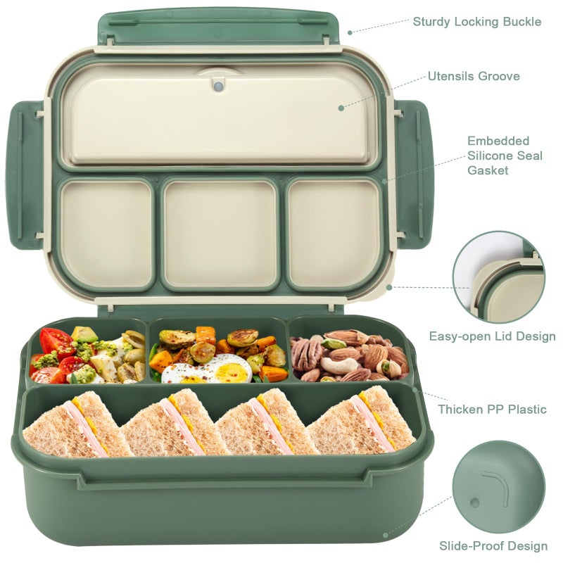 shell and turtle Bento Box Adult Lunch Box, Lunch Containers for Kids Girls Boys with 4 Compartments, Lunchable Food Container with Utensils, Sauce Jar, Muffin Liners, 40 Oz/5 Cup, Microwave & Dishwasher Safe, Green - Image 3