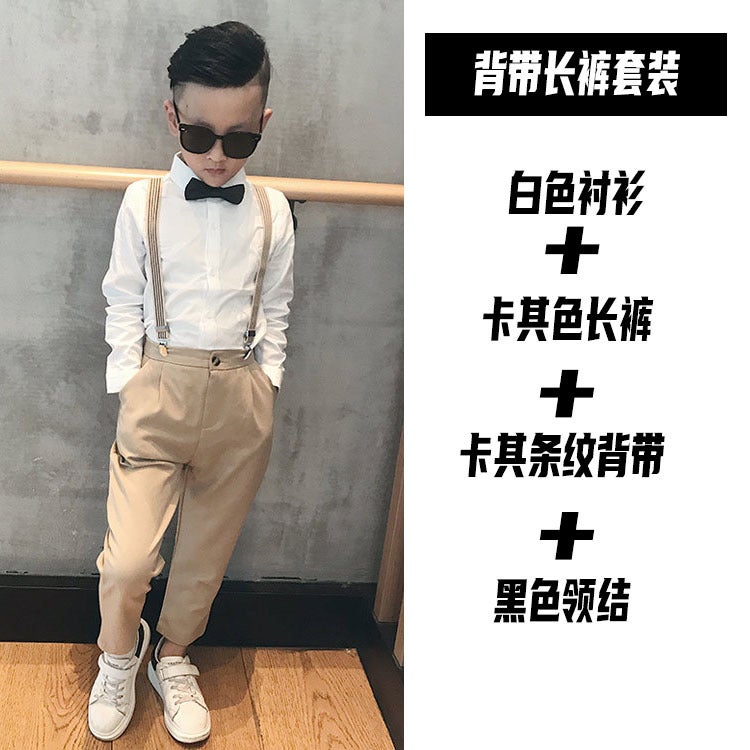 Children's clothing suspenders suit children's long trousers long sleeve shirt bow tie strap 4-piece performance clothing a generation of hair - Image 1