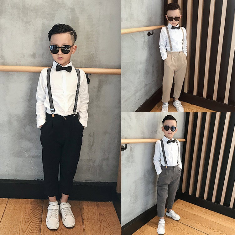 Children's clothing suspenders suit children's long trousers long sleeve shirt bow tie strap 4-piece performance clothing a generation of hair - Image 2