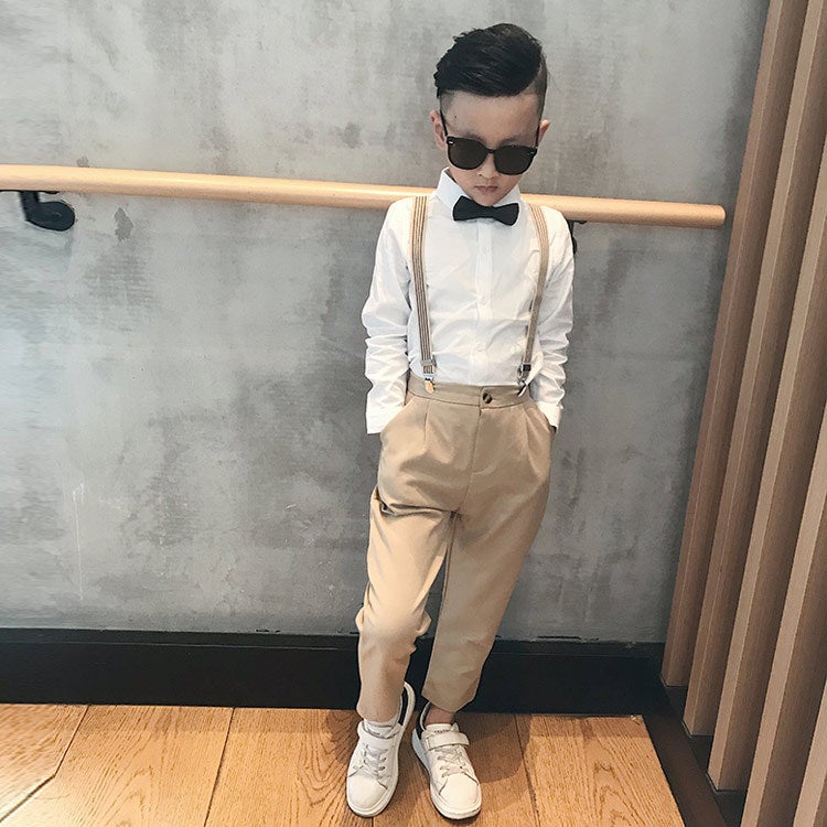 Children's clothing suspenders suit children's long trousers long sleeve shirt bow tie strap 4-piece performance clothing a generation of hair - Image 4