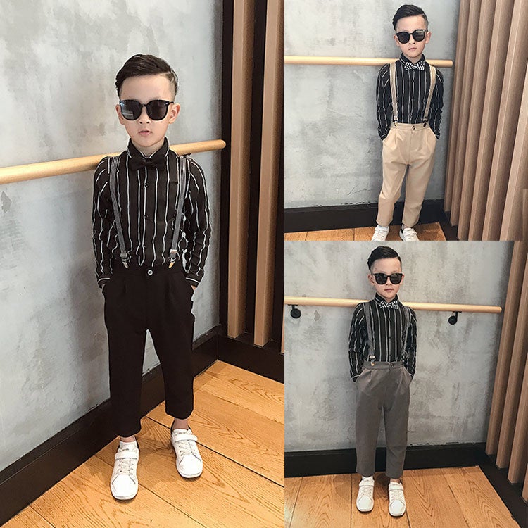 Children's clothing suspenders suit children's long trousers long sleeve shirt bow tie strap 4-piece performance clothing a generation of hair - Image 3