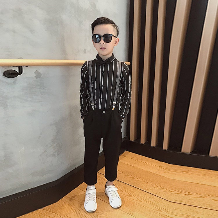 Children's clothing suspenders suit children's long trousers long sleeve shirt bow tie strap 4-piece performance clothing a generation of hair - Image 5