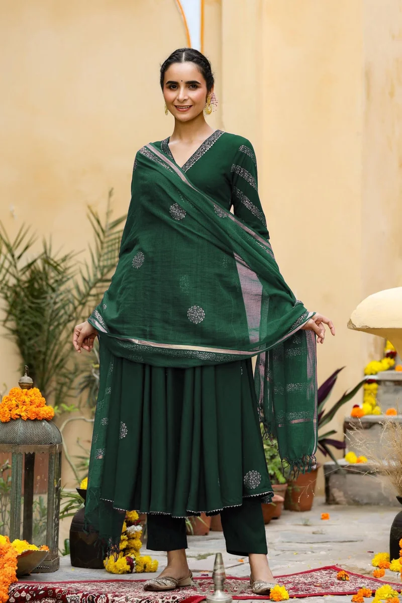 GoSriKi Women's Rayon Blend Anarkali Printed Kurta with Pant & Dupatta (BERLIN GREEN-GS_L_Green_Large)