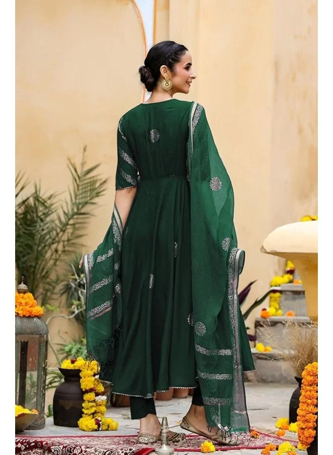 GoSriKi Green GoSriKi Women's Rayon Blend Anarkali Printed Kurta with Pant & Dupatta (BERLIN GREEN-GS_L_Green_Large) for Women | Best Price UAE