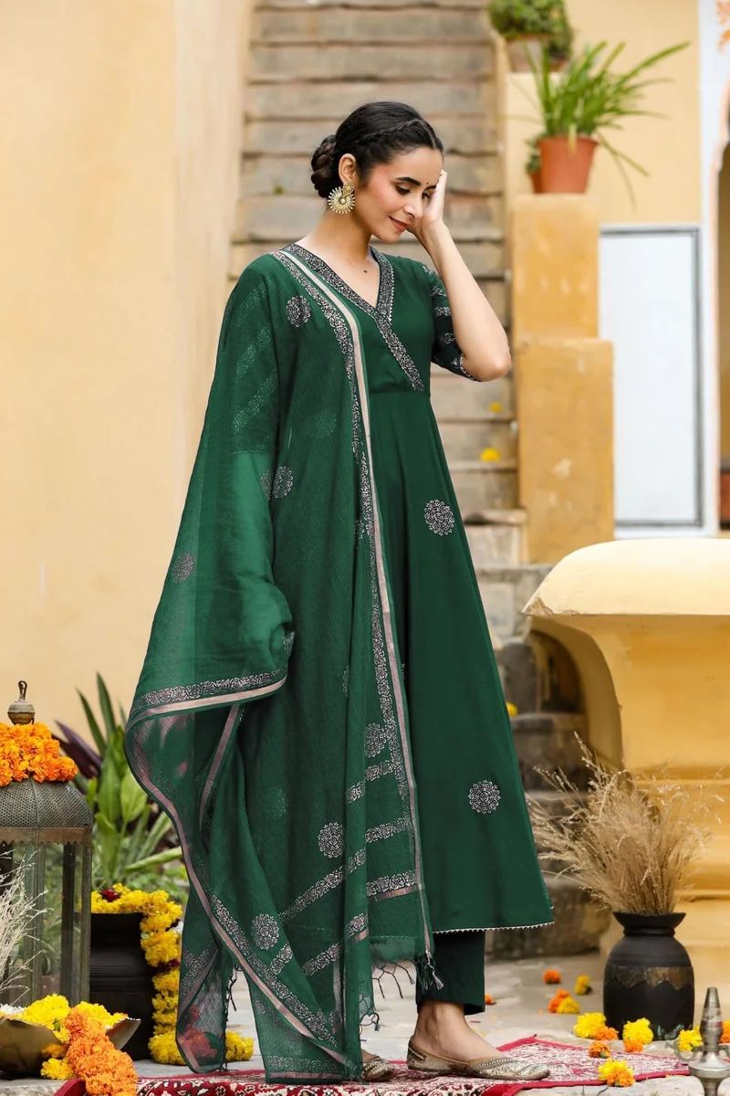 GoSriKi Green GoSriKi Women's Rayon Blend Anarkali Printed Kurta with Pant & Dupatta (BERLIN GREEN-GS_L_Green_Large) for Women | Best Price UAE
